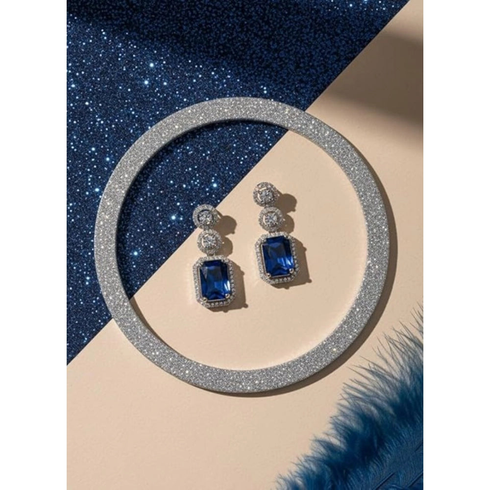 Women's Brass Silver Plated Drop Earrings (Blue)