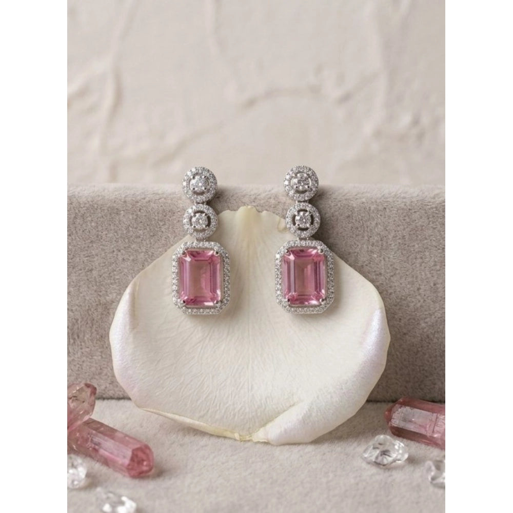 Women's Brass Silver Plated Drop Earrings (Pink)