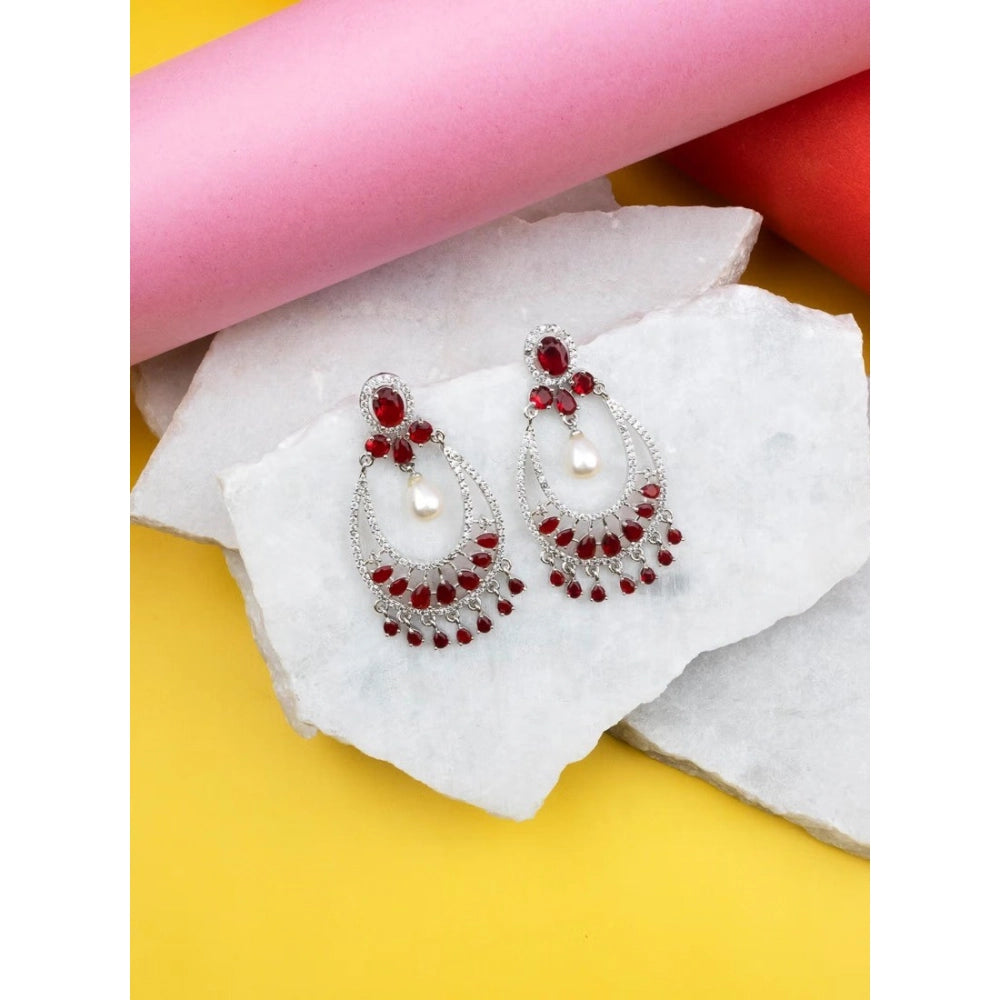 Women's Brass Silver Plated Chandbali Earrings (Red)