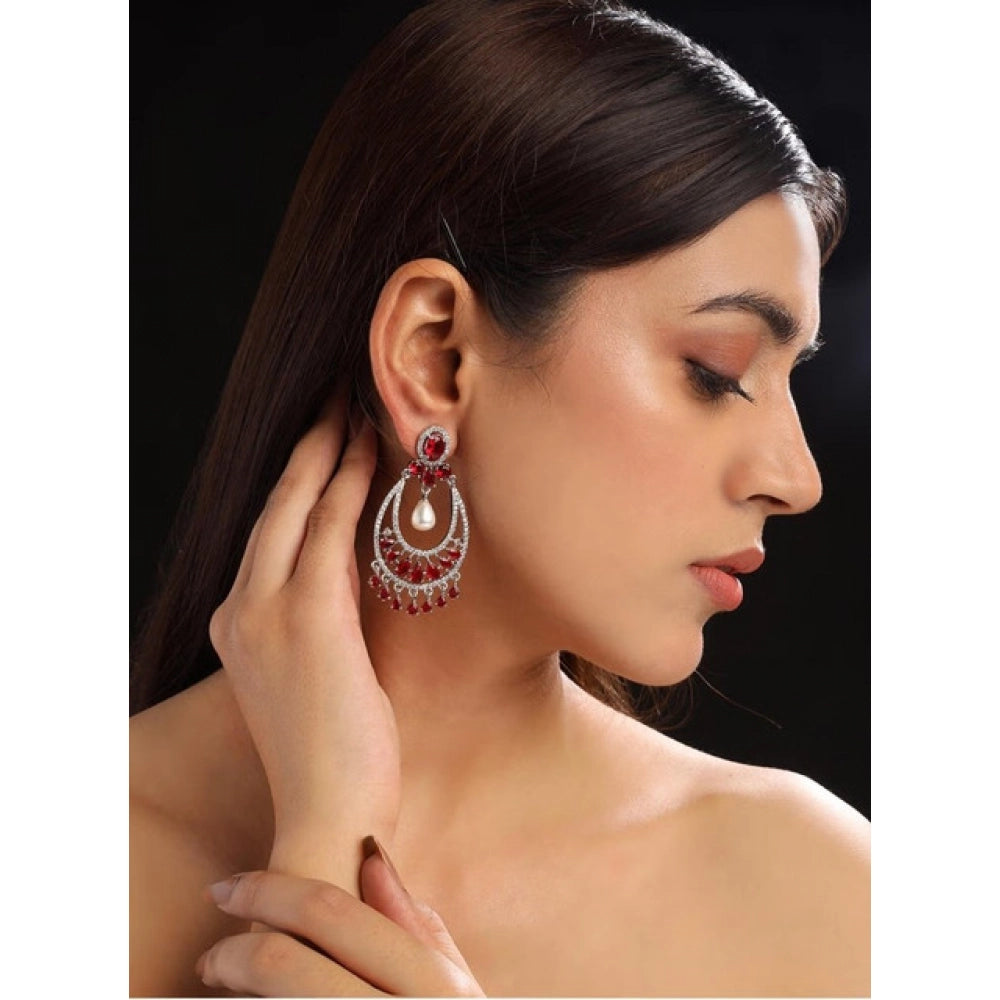 Women's Brass Silver Plated Chandbali Earrings (Red)