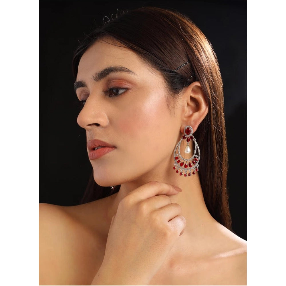 Women's Brass Silver Plated Chandbali Earrings (Red)