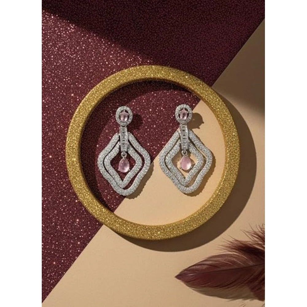 Women's Brass Silver Plated Drop Earrings (Pink)