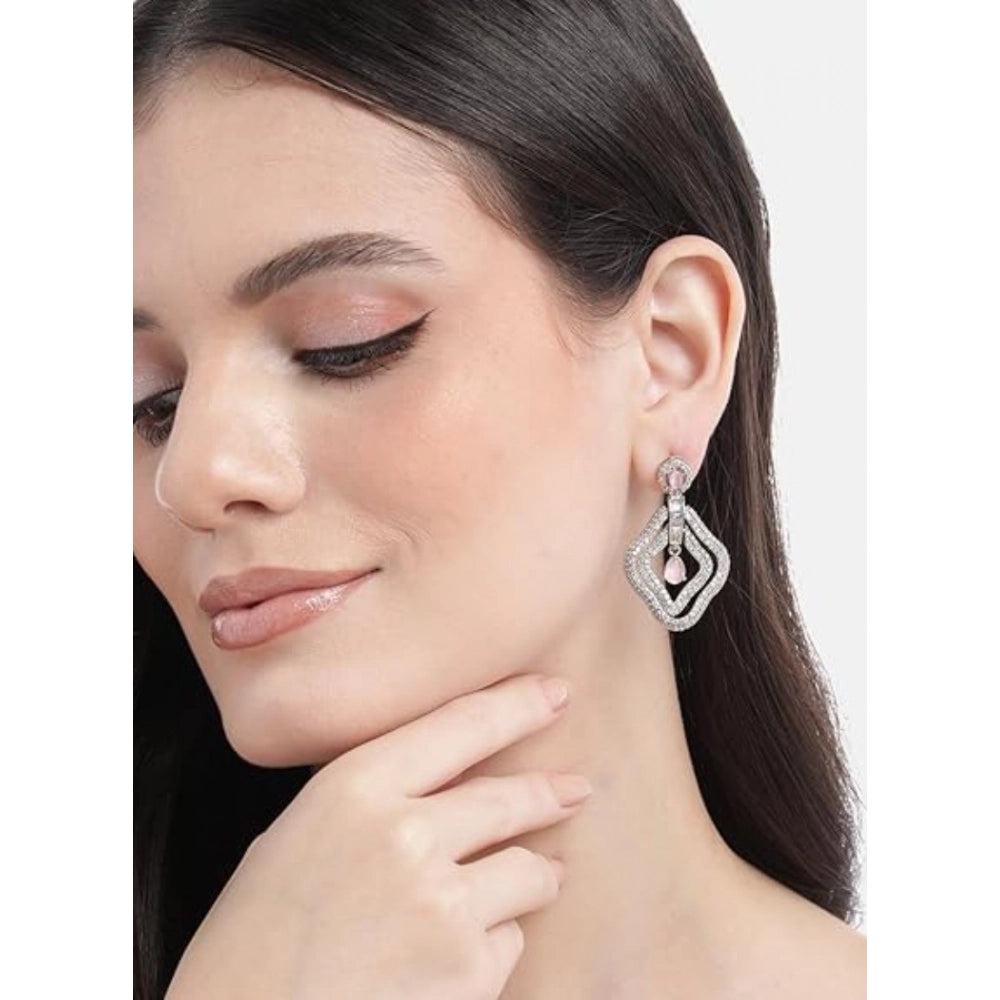 Women's Brass Silver Plated Drop Earrings (Pink)