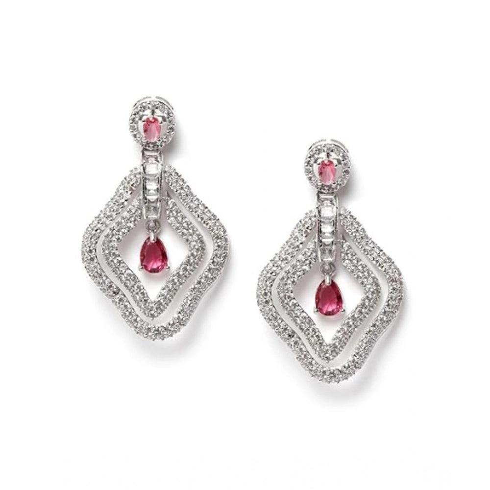 Women's Brass Silver Plated Drop Earrings (Red)