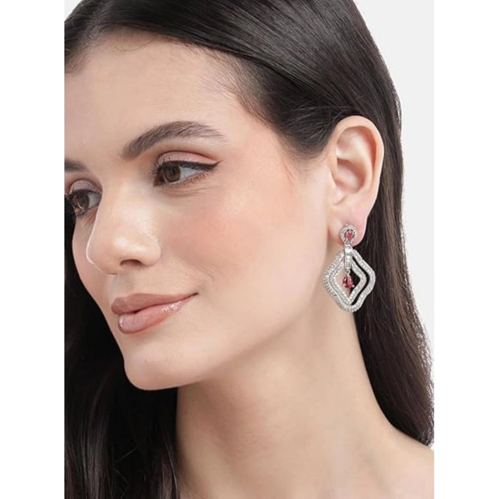 Women's Brass Silver Plated Drop Earrings (Red)