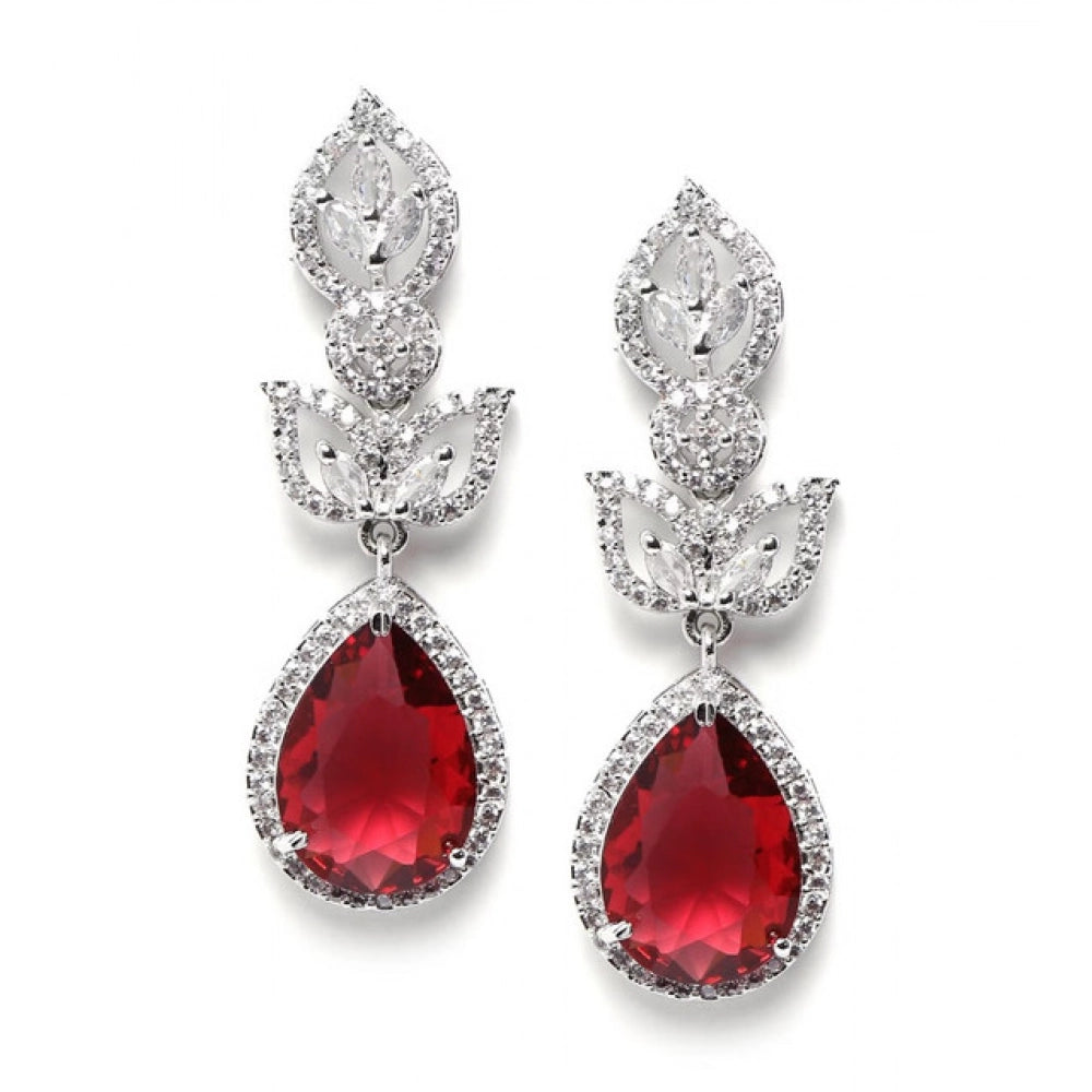 Women's Brass Silver Plated Drop Earrings (Red)