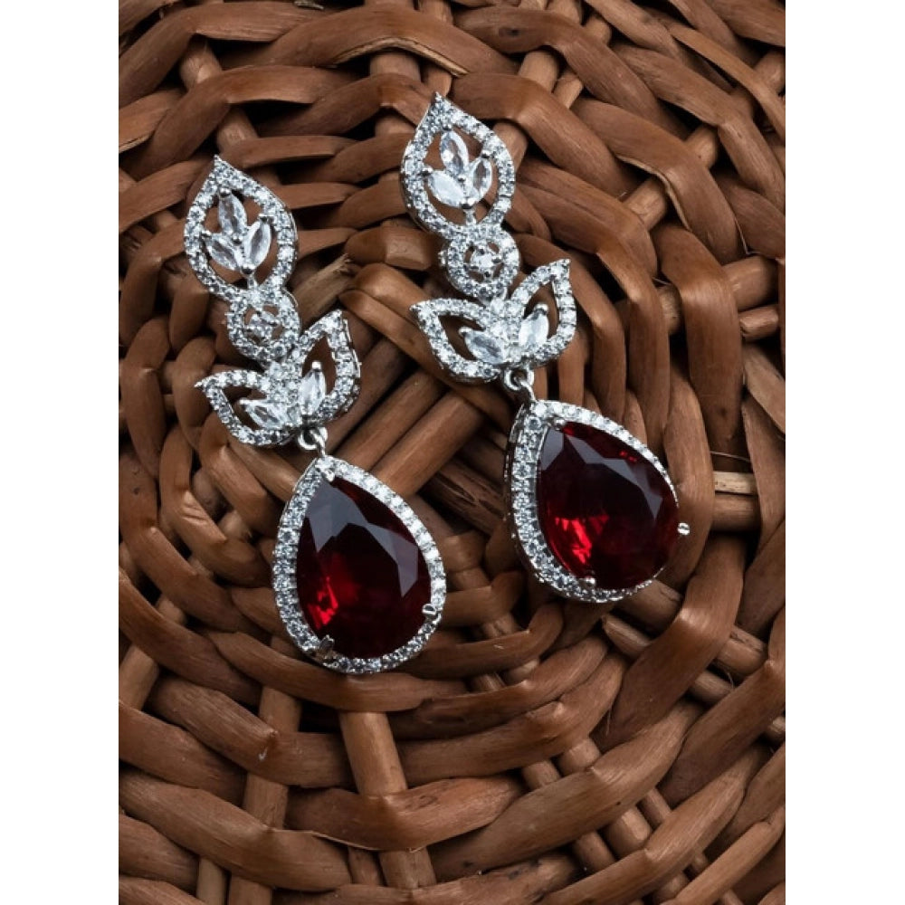 Women's Brass Silver Plated Drop Earrings (Red)