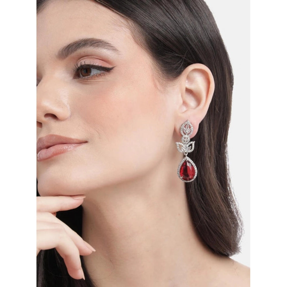 Women's Brass Silver Plated Drop Earrings (Red)