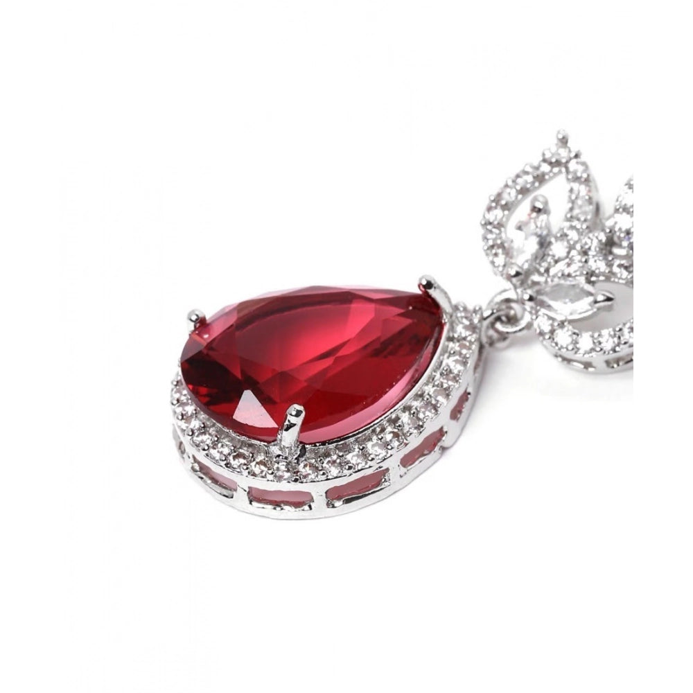 Women's Brass Silver Plated Drop Earrings (Red)