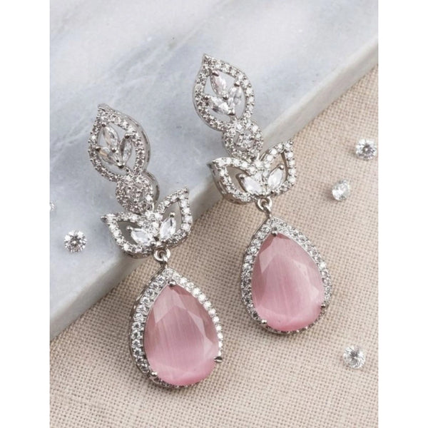 Women's Brass Silver Plated Drop Earrings (Pink)