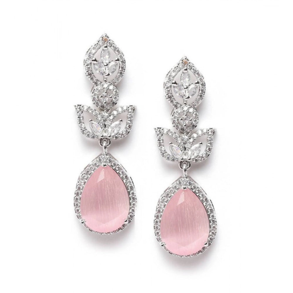 Women's Brass Silver Plated Drop Earrings (Pink)