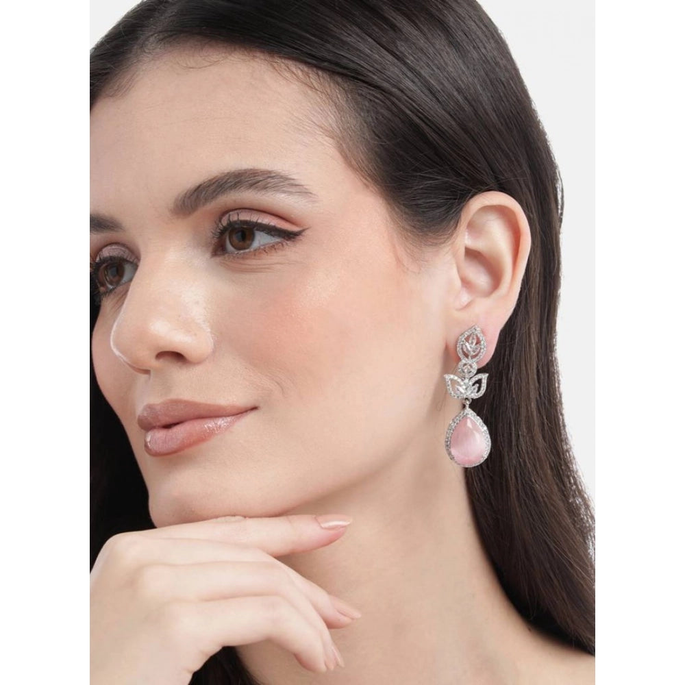 Women's Brass Silver Plated Drop Earrings (Pink)
