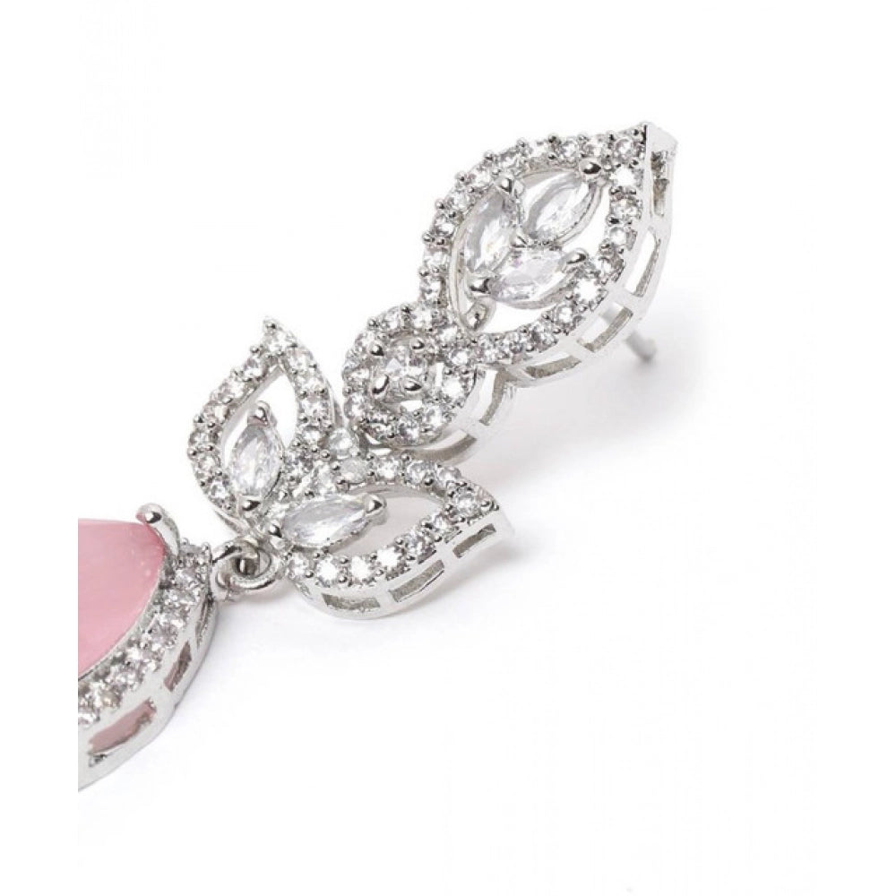 Women's Brass Silver Plated Drop Earrings (Pink)