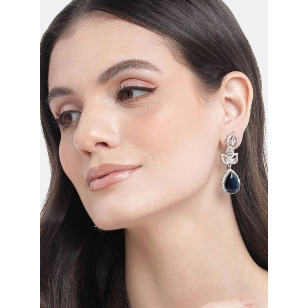 Women's Brass Silver Plated Drop Earrings (Blue)