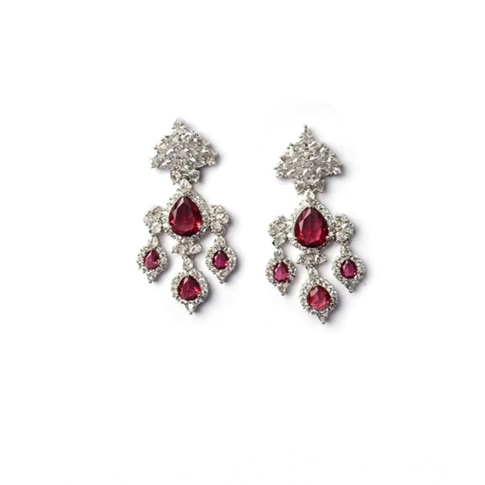Women's Brass Silver Plated Drop Earrings (Red)