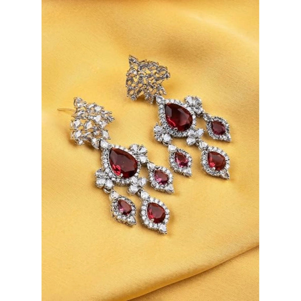 Women's Brass Silver Plated Drop Earrings (Red)