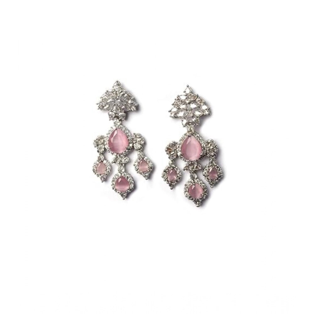 Women's Brass Silver Plated Drop Earrings (Pink)