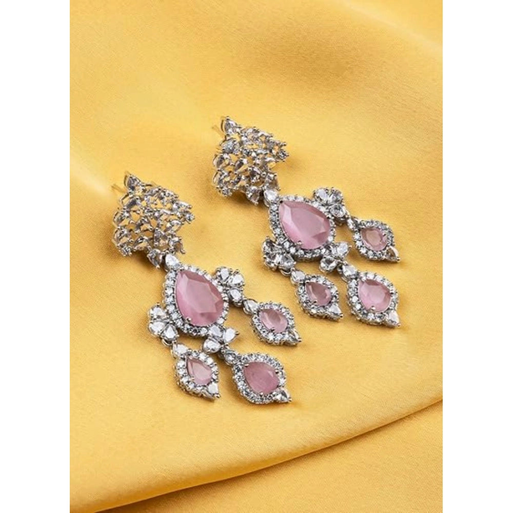 Women's Brass Silver Plated Drop Earrings (Pink)