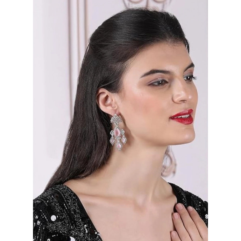 Women's Brass Silver Plated Drop Earrings (Pink)