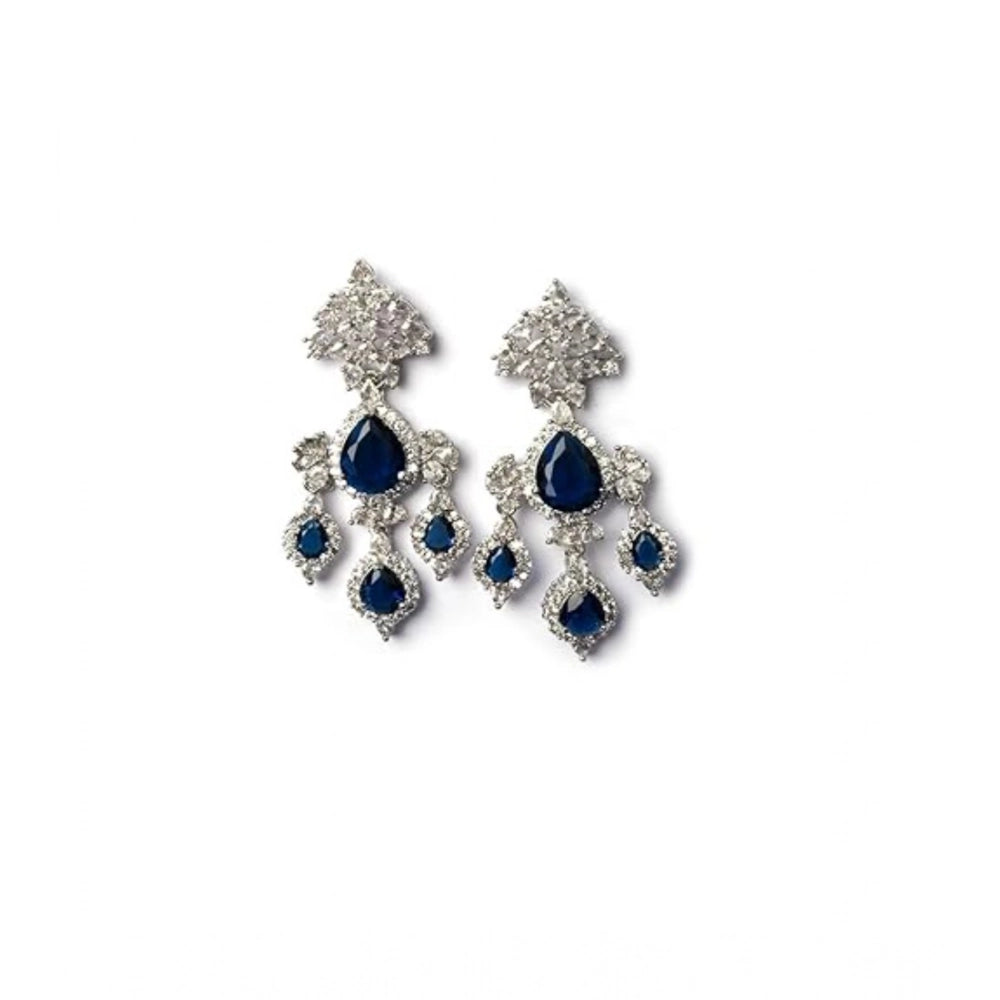 Women's Brass Silver Plated Drop Earrings (Blue)