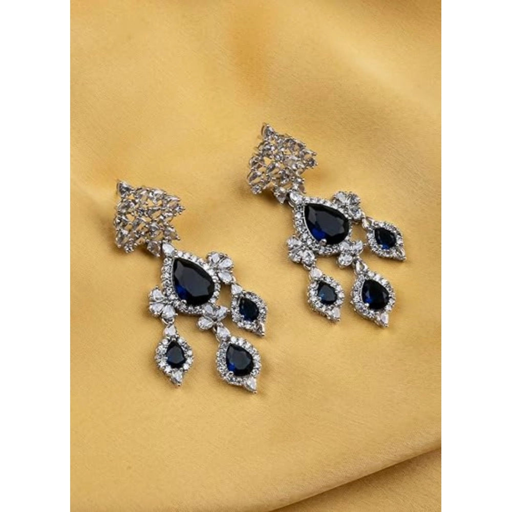 Women's Brass Silver Plated Drop Earrings (Blue)