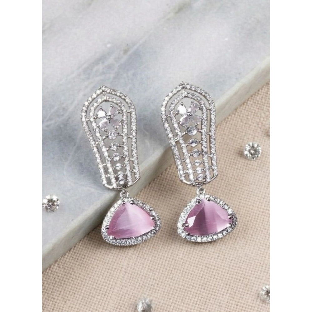 Women's Brass Silver Plated Drop Earrings (Pink)