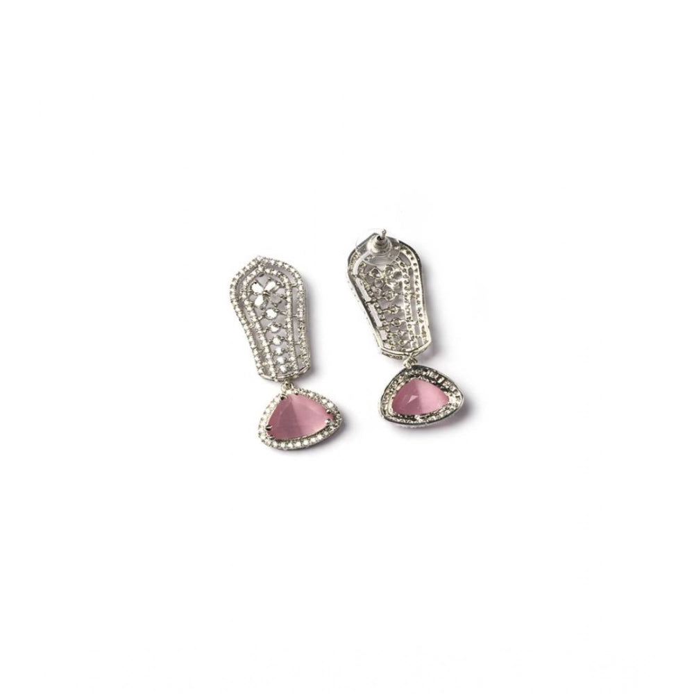 Women's Brass Silver Plated Drop Earrings (Pink)
