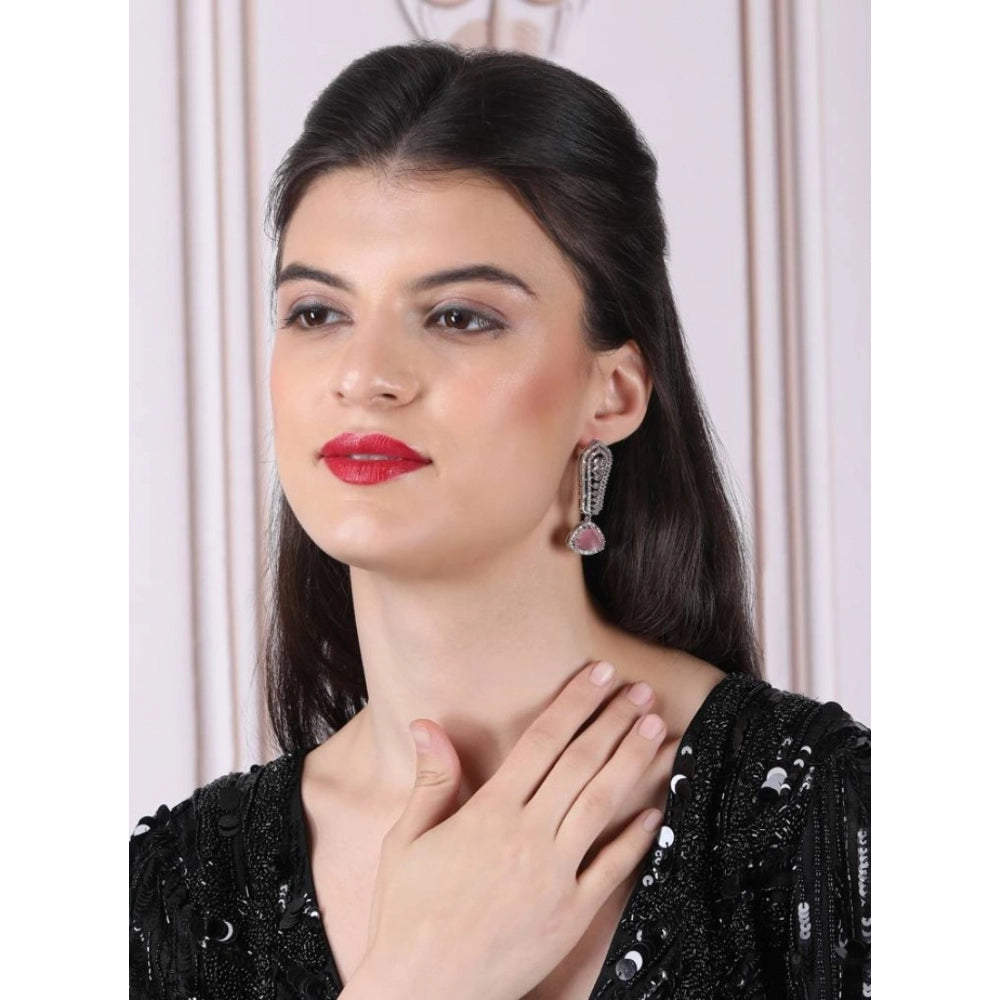 Women's Brass Silver Plated Drop Earrings (Pink)