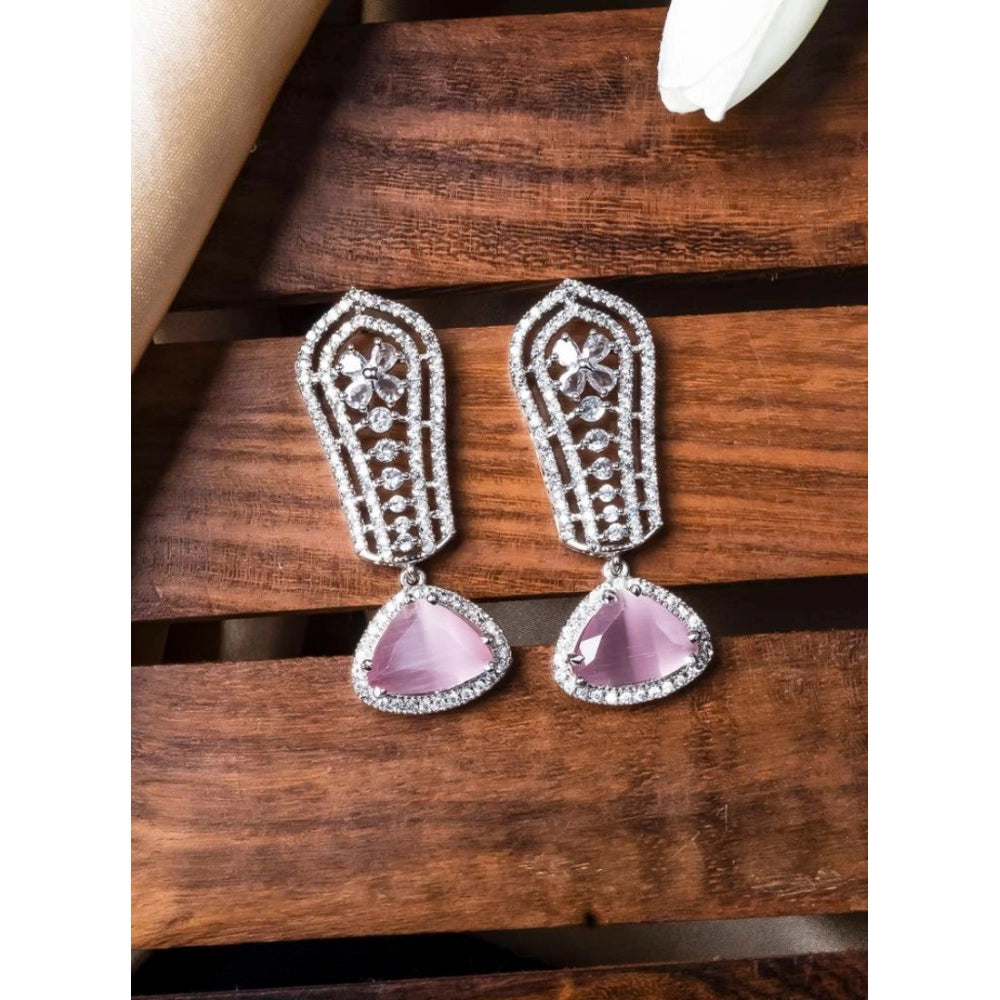 Women's Brass Silver Plated Drop Earrings (Pink)