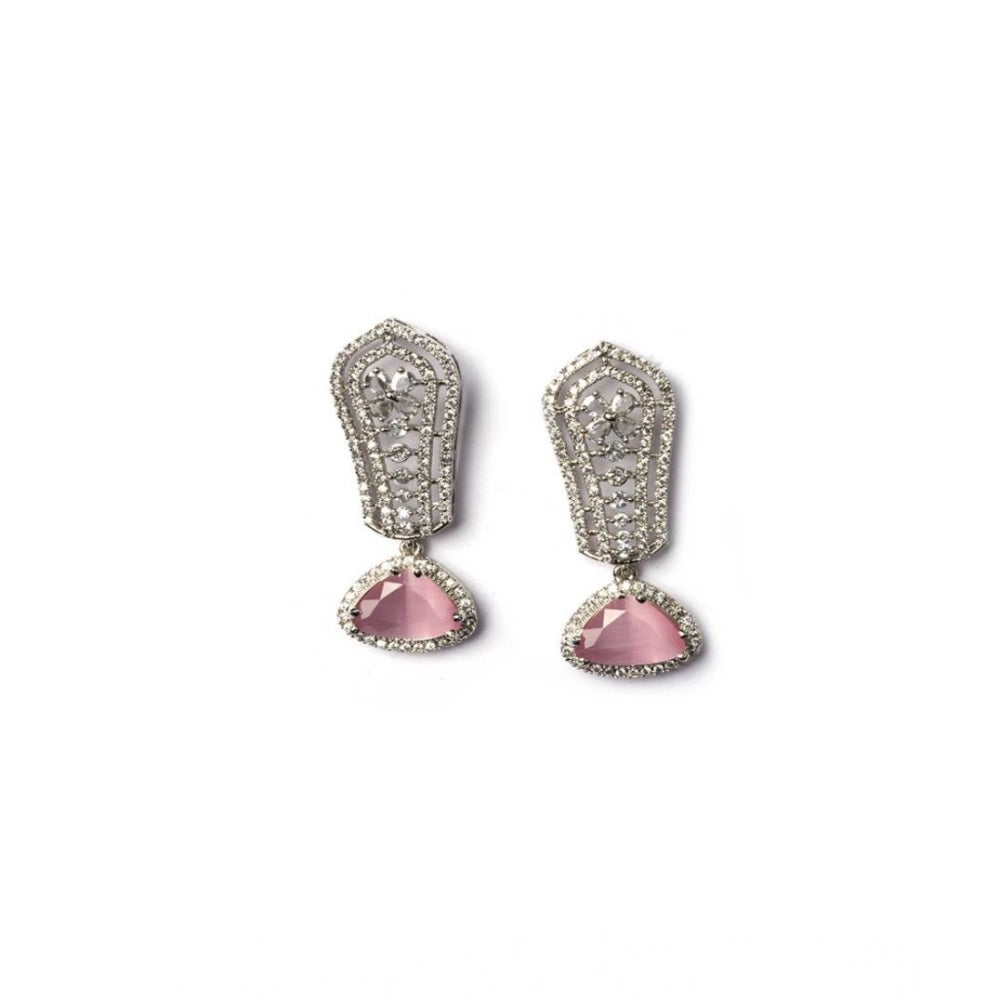 Women's Brass Silver Plated Drop Earrings (Pink)