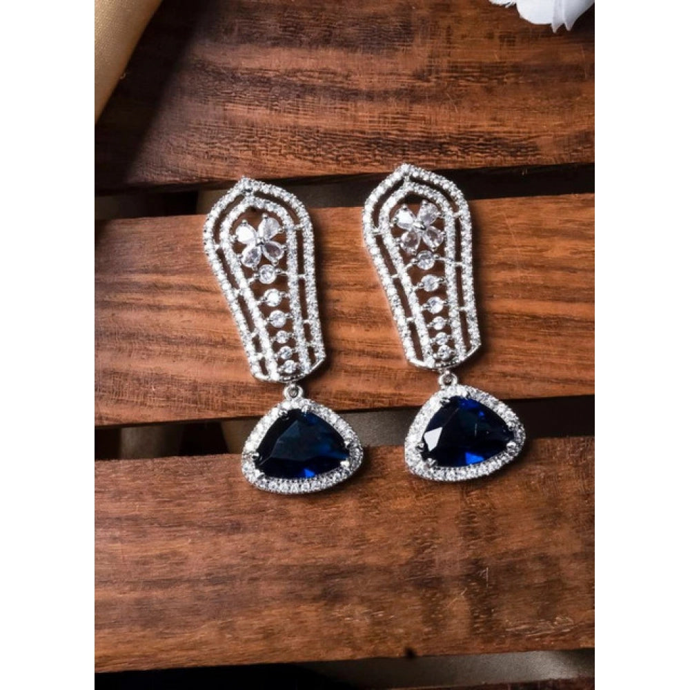 Women's Brass Silver Plated Drop Earrings (Blue)