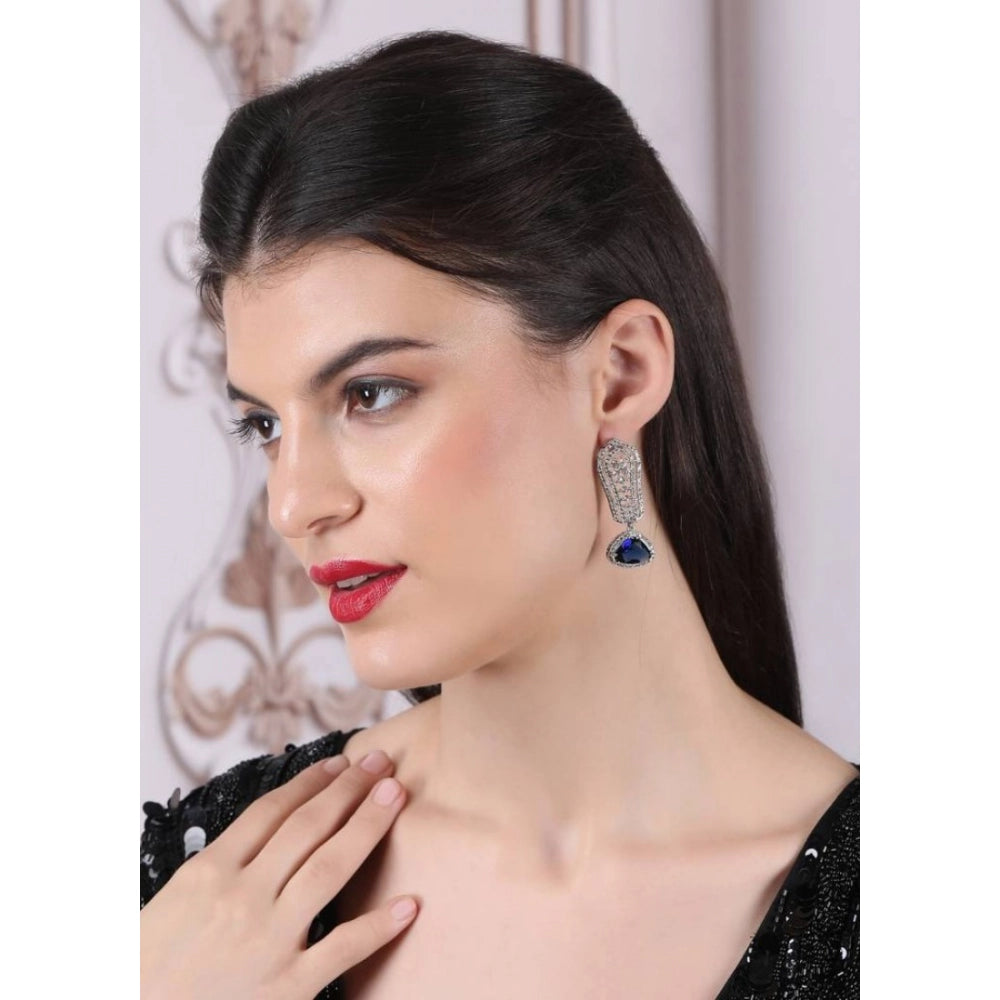 Women's Brass Silver Plated Drop Earrings (Blue)