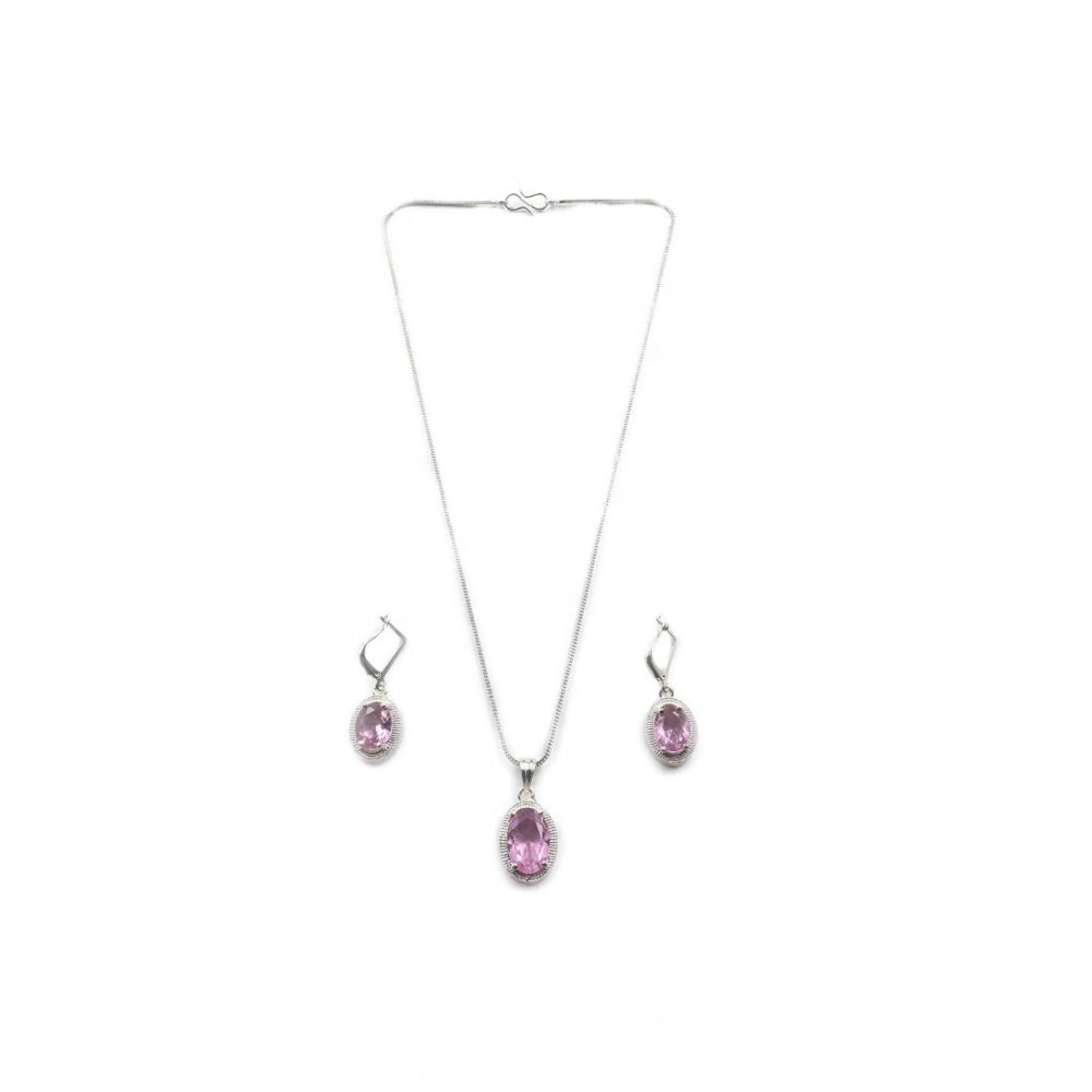 Women's Brass Silver Plated Pendant Set (Pink)
