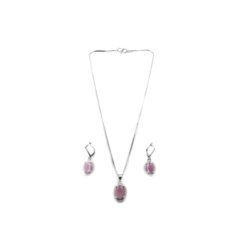 Women's Brass Silver Plated Pendant Set (Pink)
