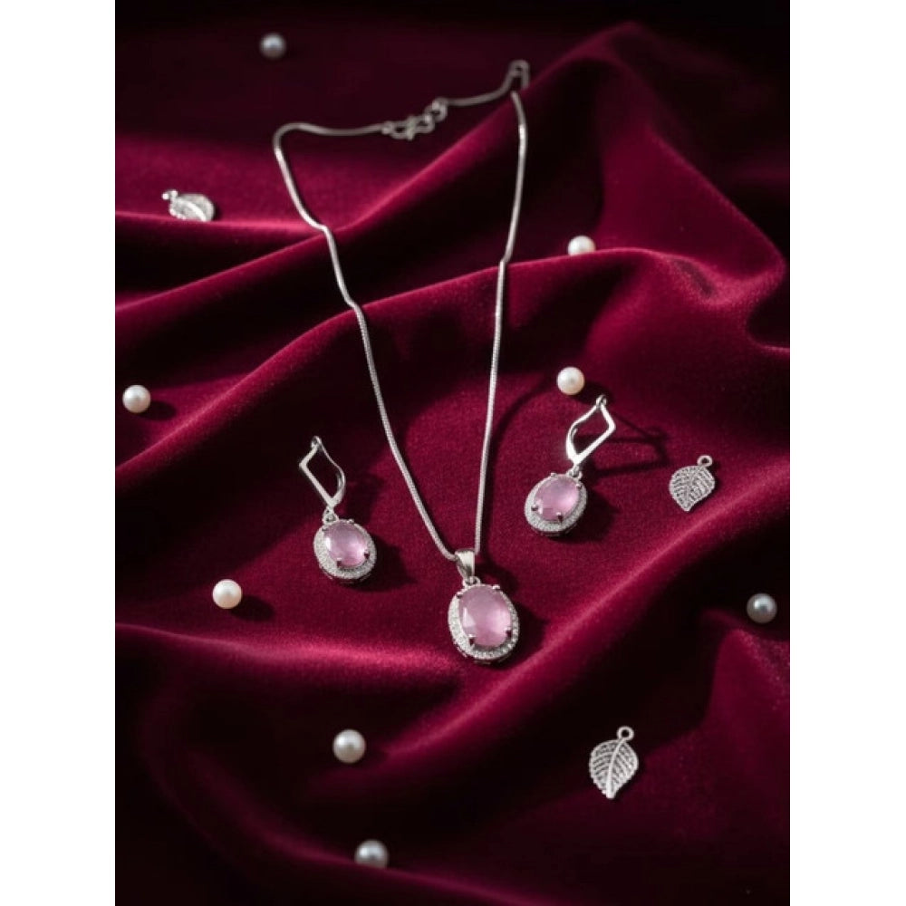 Women's Brass Silver Plated Pendant Set (Pink)