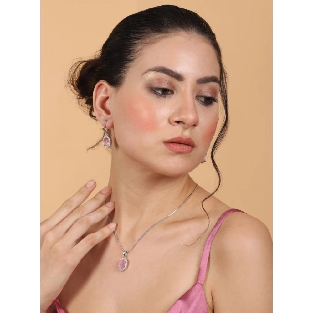 Women's Brass Silver Plated Pendant Set (Pink)