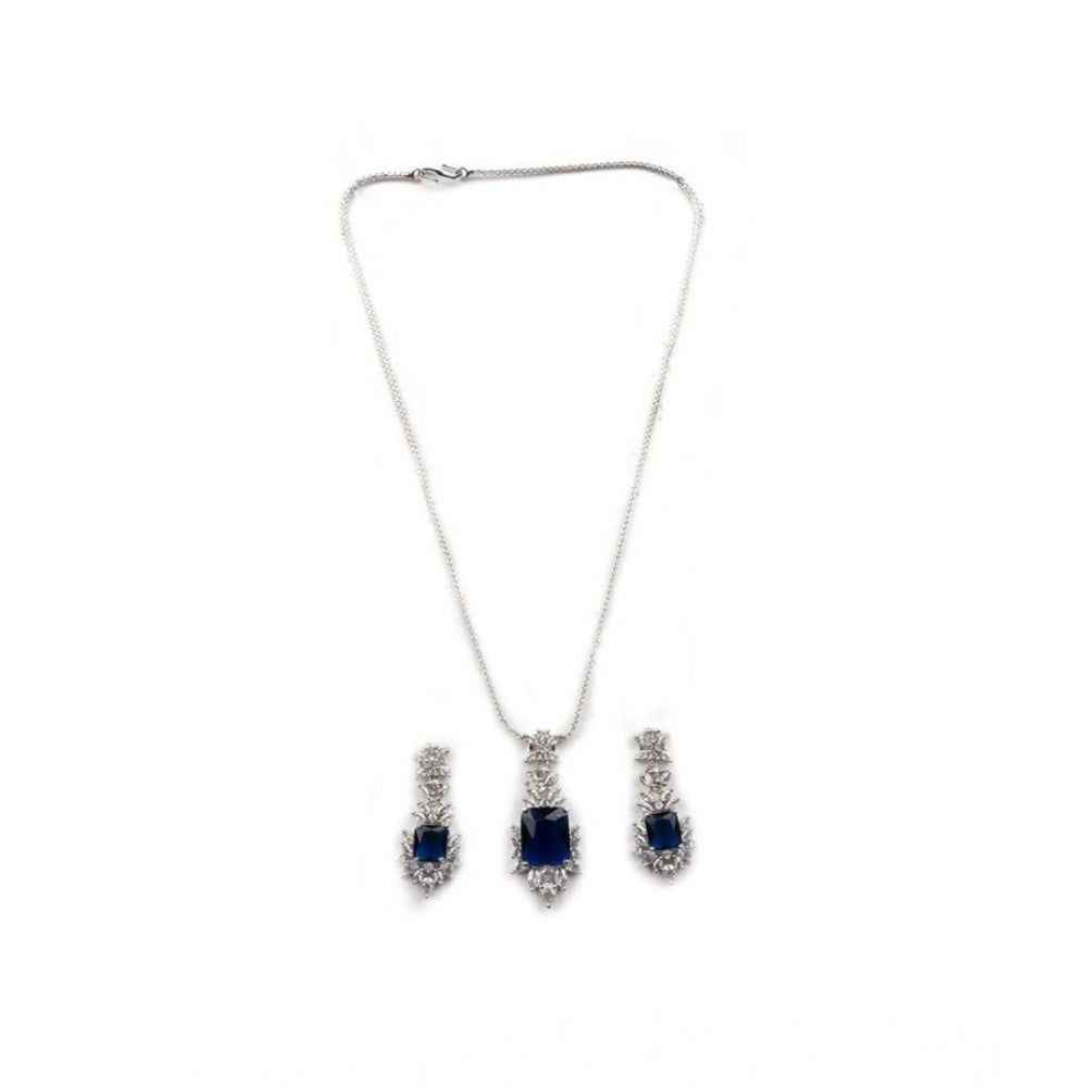 Women's Brass Silver Plated Pendant Set (Blue)