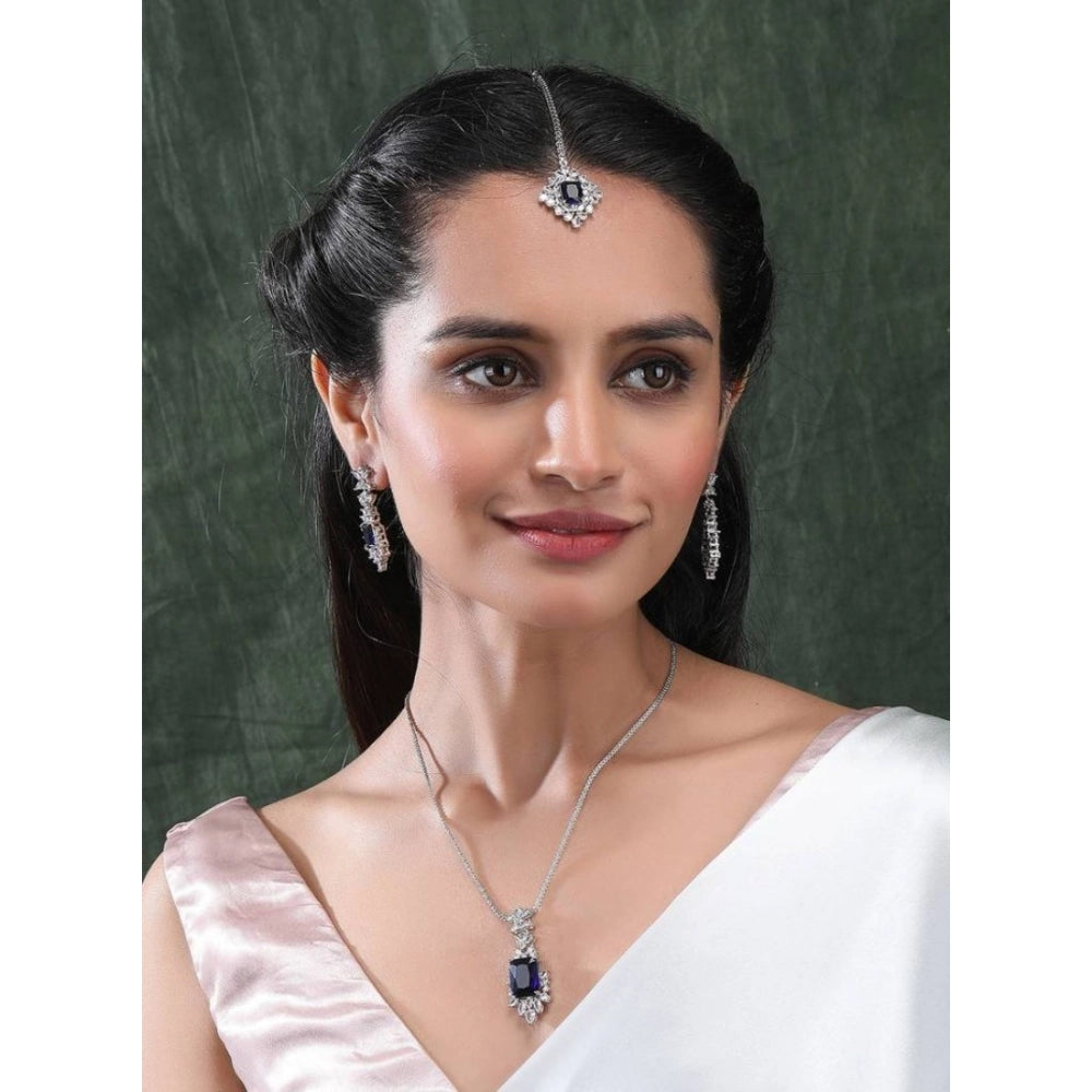 Women's Brass Silver Plated Pendant Set (Blue)