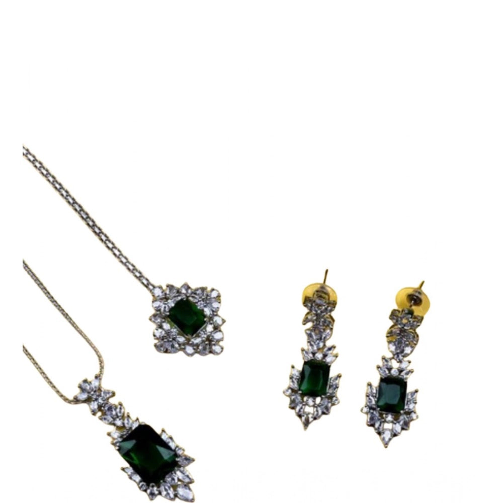 Women's Brass Silver Plated Pendant Set (Green)