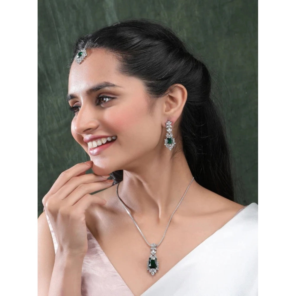 Women's Brass Silver Plated Pendant Set (Green)