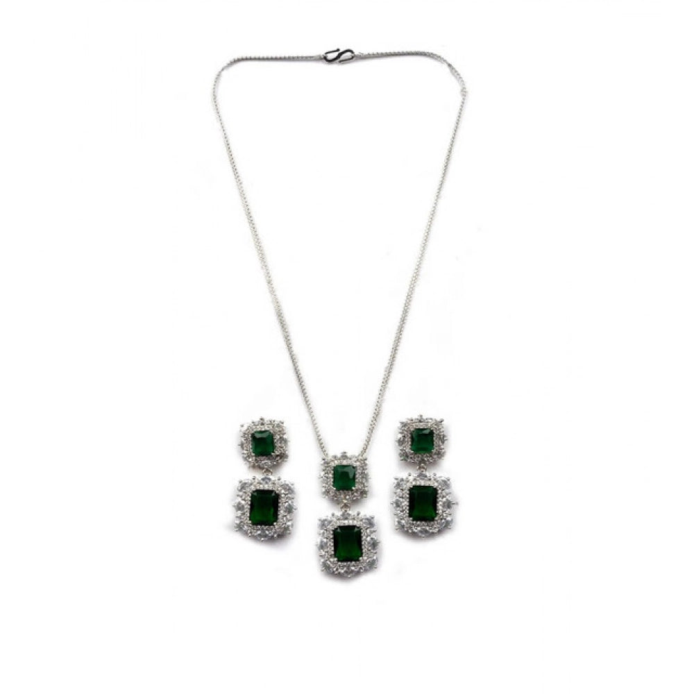 Women's Brass Silver Plated Pendant Set (Green)