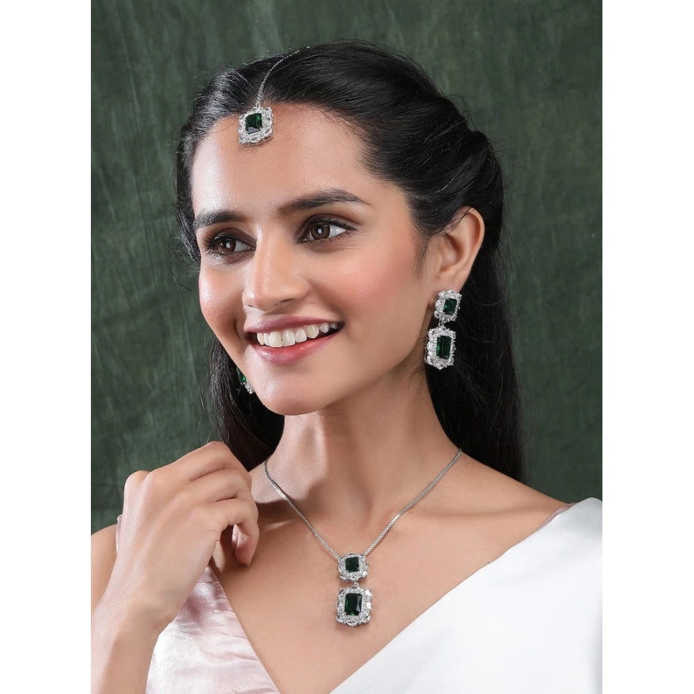Women's Brass Silver Plated Pendant Set (Green)