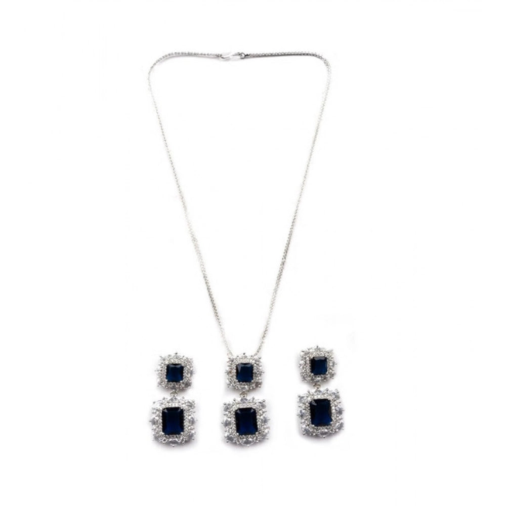 Women's Brass Silver Plated Pendant Set (Blue)