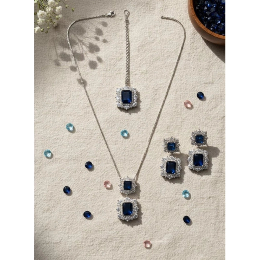 Women's Brass Silver Plated Pendant Set (Blue)
