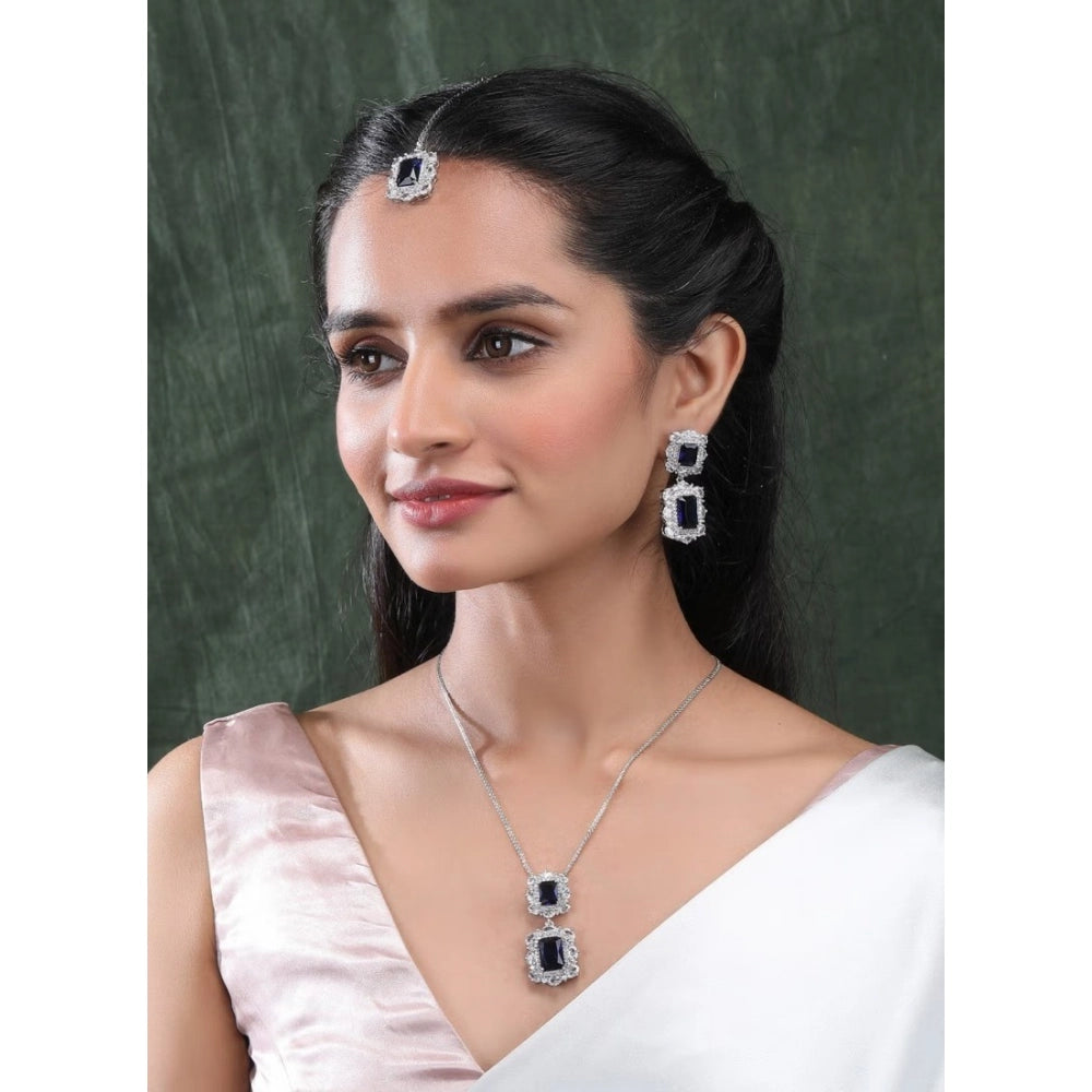 Women's Brass Silver Plated Pendant Set (Blue)