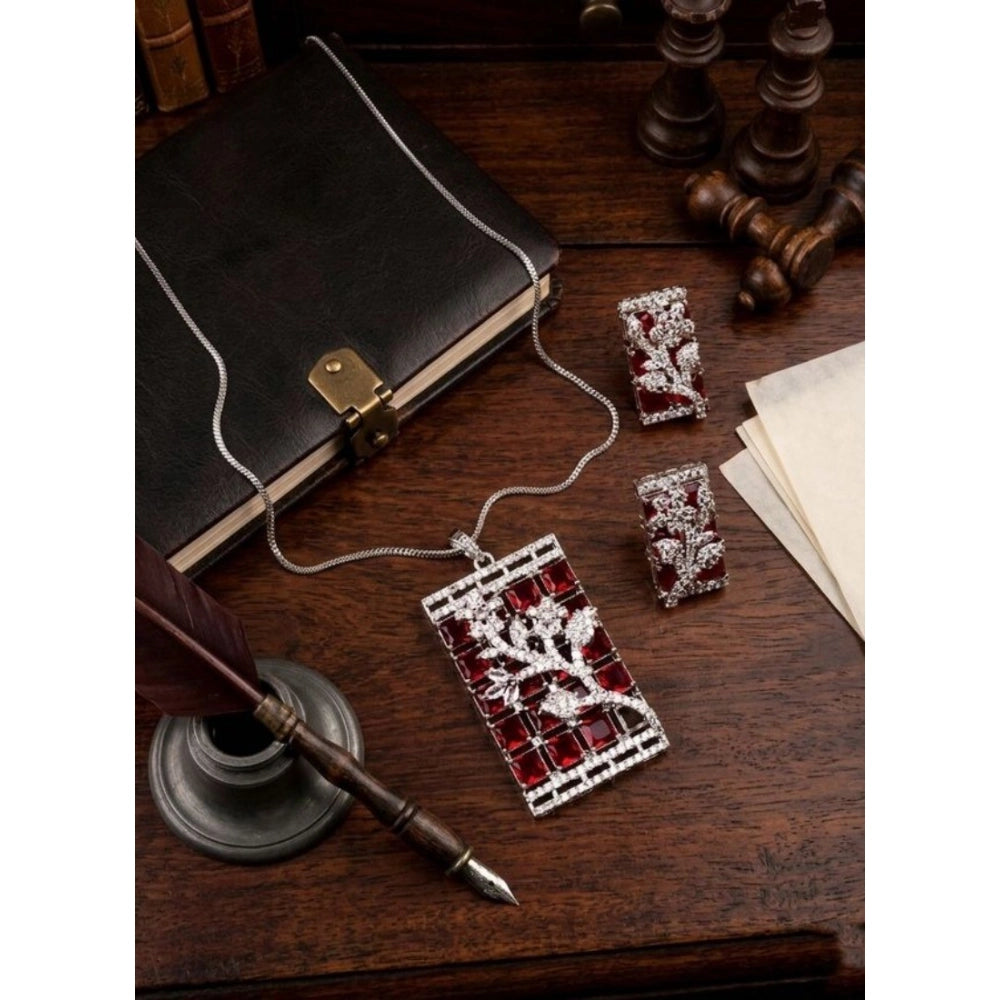 Women's Brass Silver Plated Pendant Set (Red)