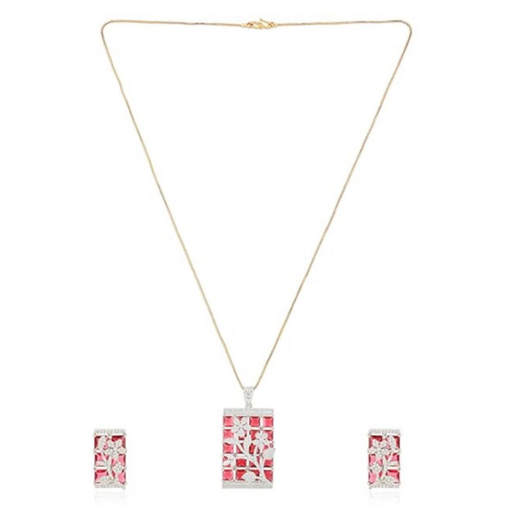 Women's Brass Silver Plated Pendant Set (Red)