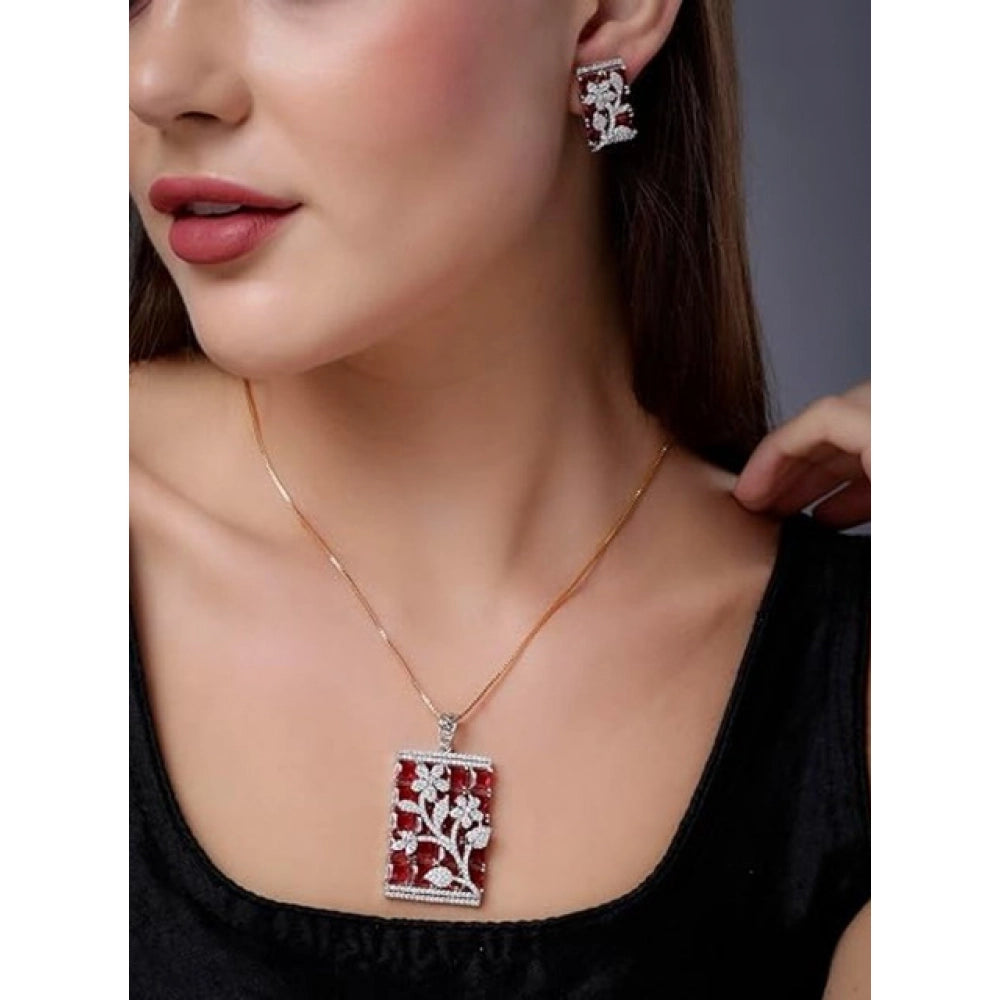 Women's Brass Silver Plated Pendant Set (Red)