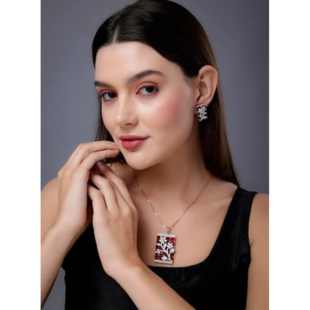 Women's Brass Silver Plated Pendant Set (Red)