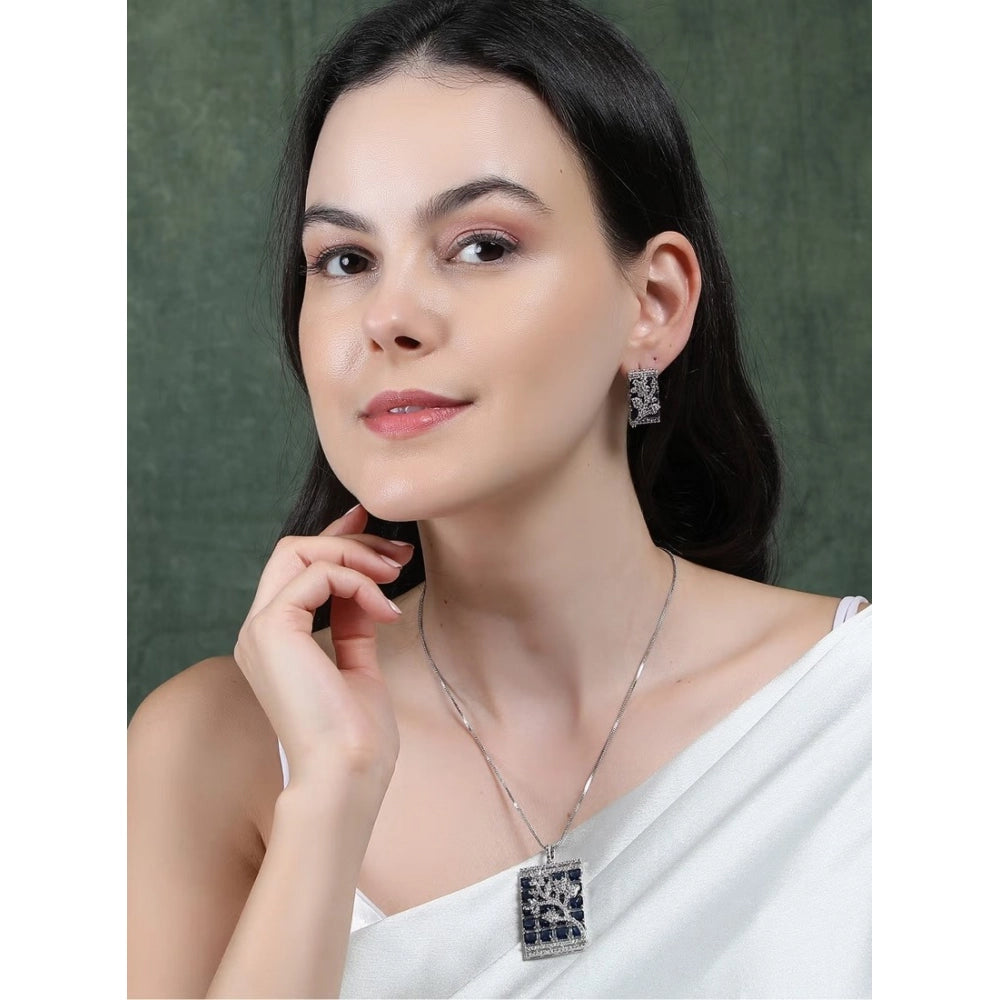 Women's Brass Silver Plated Pendant Set (Blue)